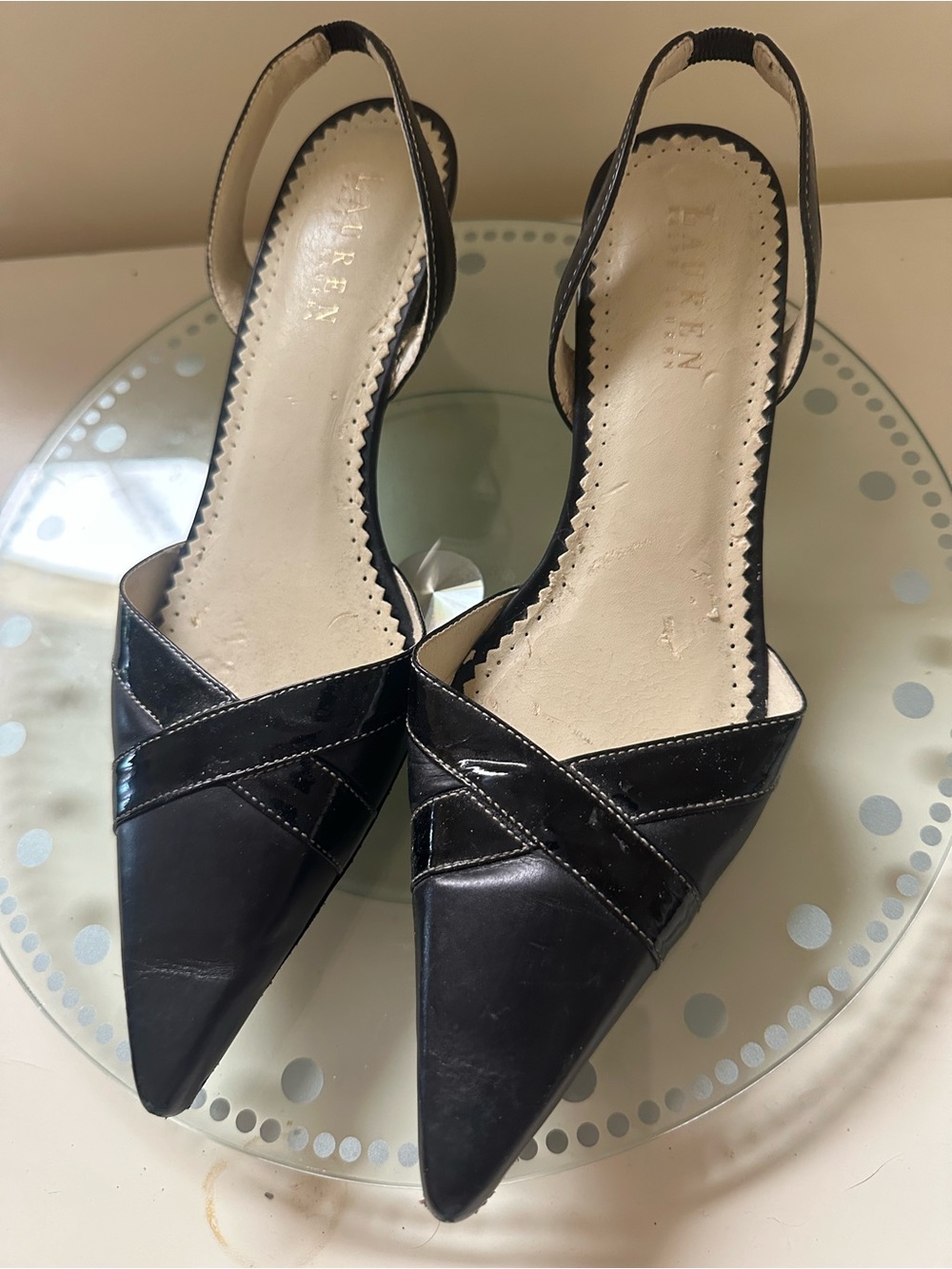 Ralph Lauren size 7 Black Patent Slingback Pointed-Toe Pumps